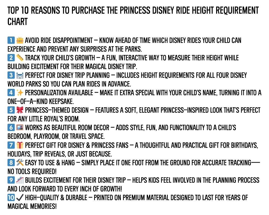 Princess Walt Disney World Ride Height Requirement Chart Poster