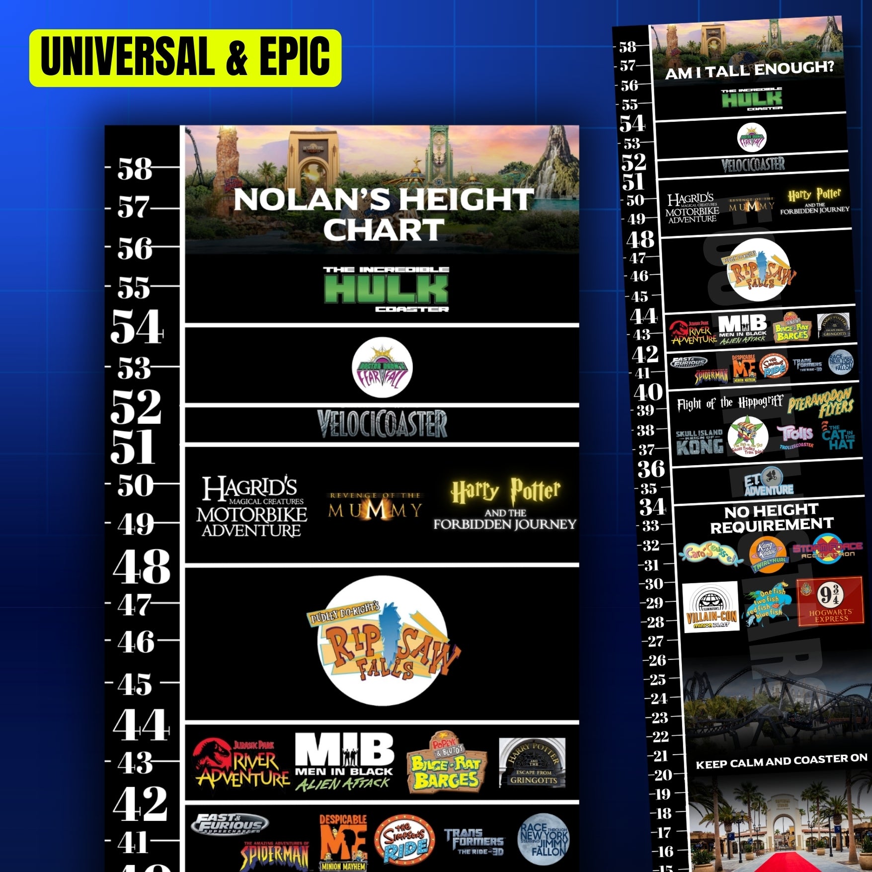 Universal Orlando & Epic Universe Ride Height Chart Personalized