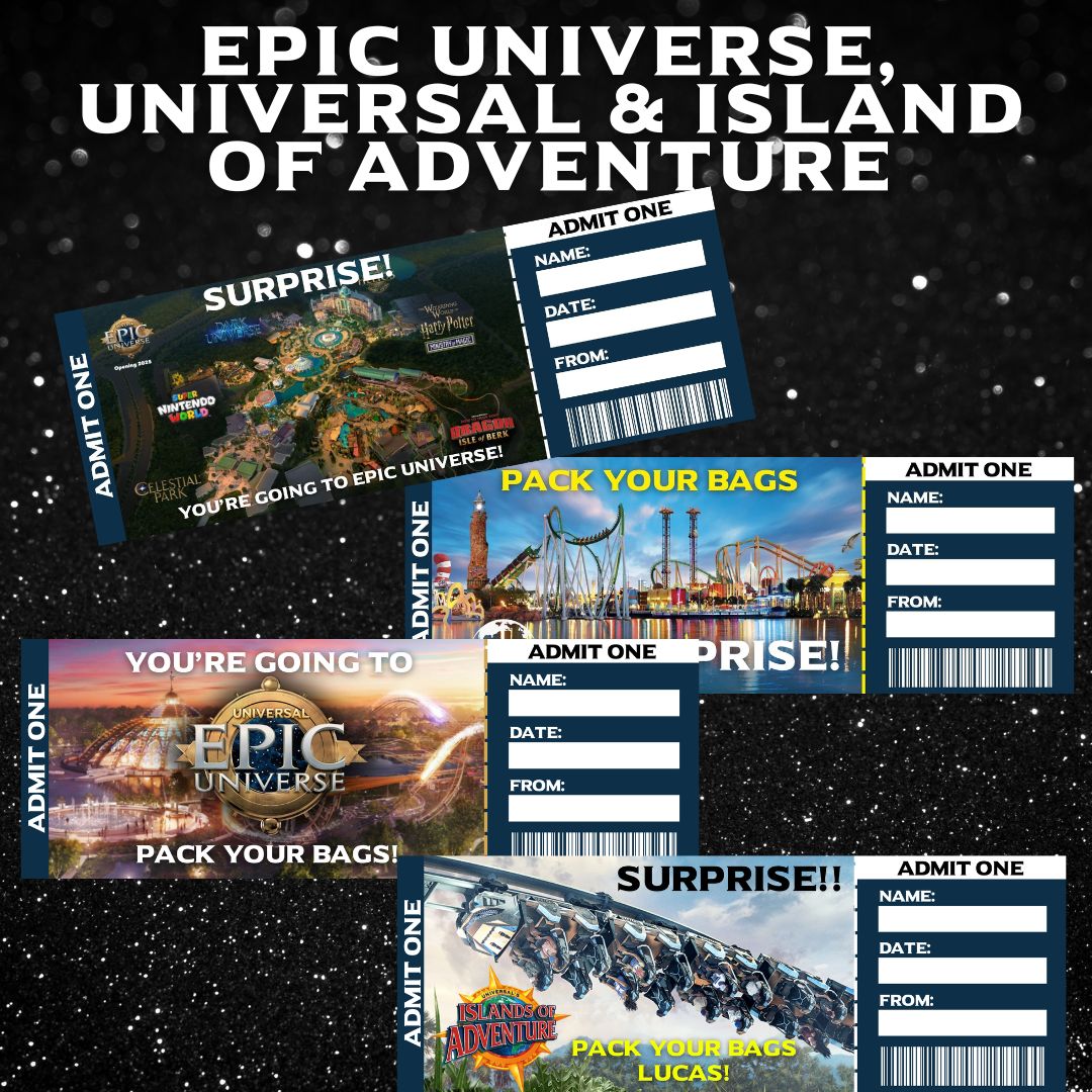 Universal Epic Universe Epic Universe ticket Editable Universal ticket Theme park trip reveal Universal park ticket Epic Universe party Theme park ticket JPEG Customizable Universal gift Epic Universe surprise, Printable theme park ticket