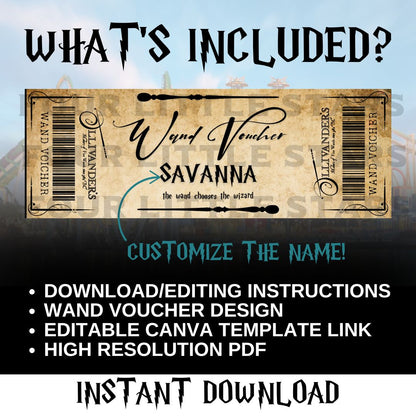 Ollivander's Wand Voucher, Custom and Instant Digital Download