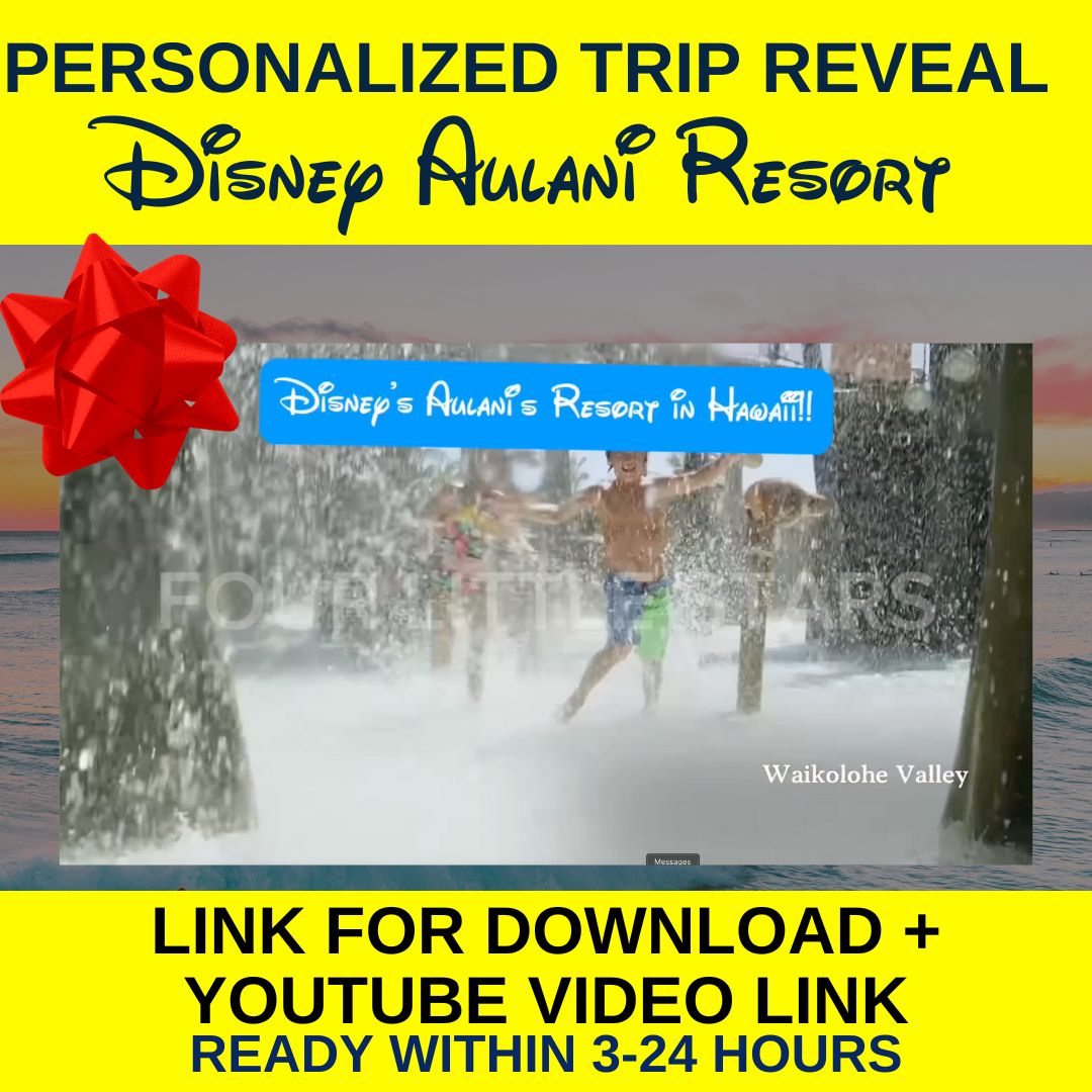 Personalized Disney Aulani Resort trip reveal video thumbnail featuring tropical designs and magical Disney elements.