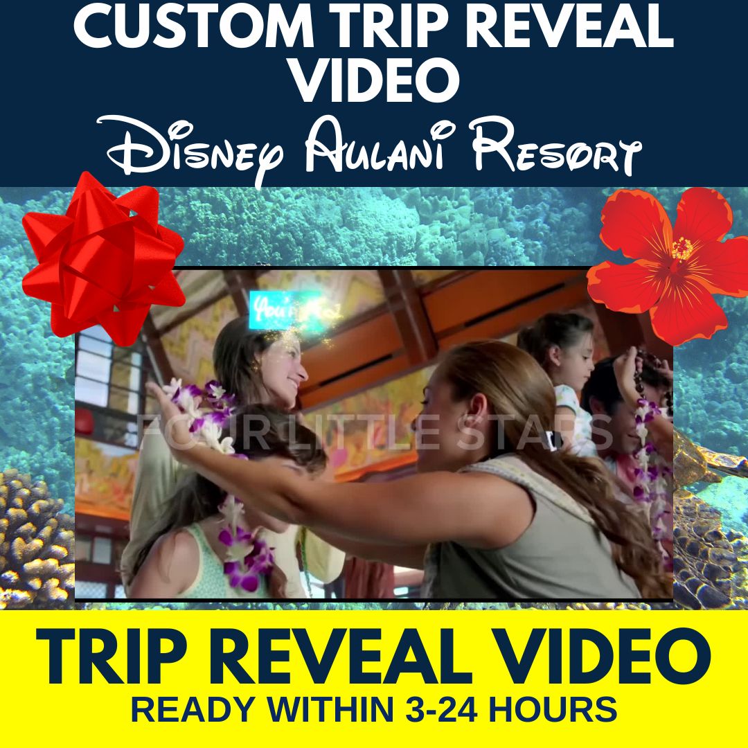 Disney Aulani Resort trip reveal video thumbnail featuring a family-friendly design and tropical visuals.