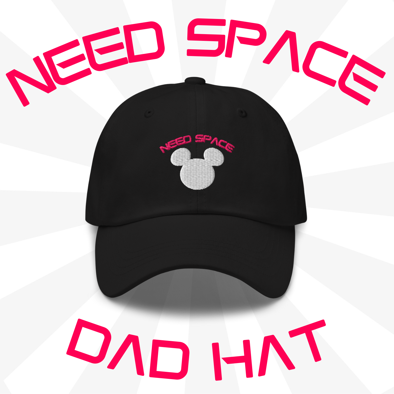 Need Space embroidered hat celebrating Space Mountain's 50th Anniversary, featuring a Mickey Mouse silhouette against a starry space background on a black dad hat.