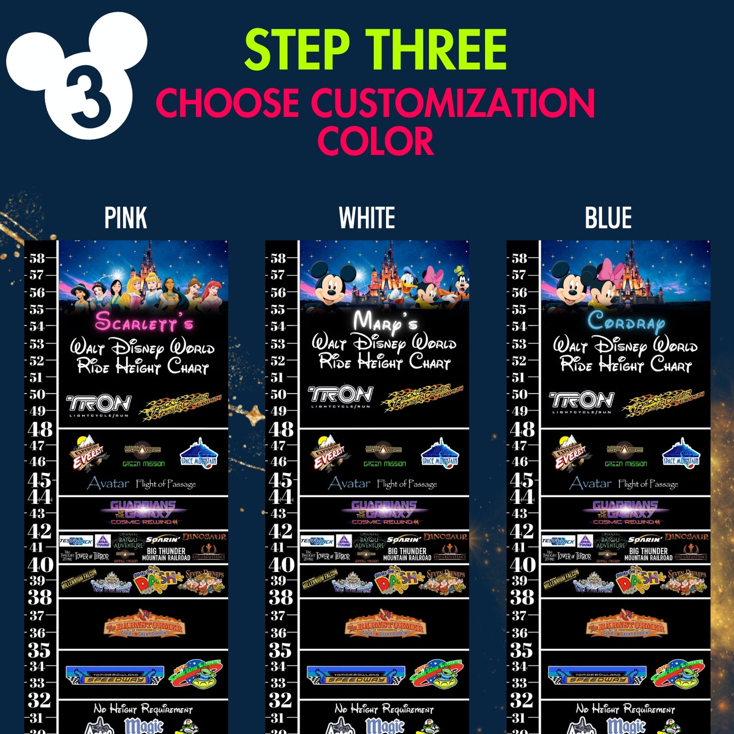Walt Disney World ride height chart customization options with Mickey Mouse logo and text.