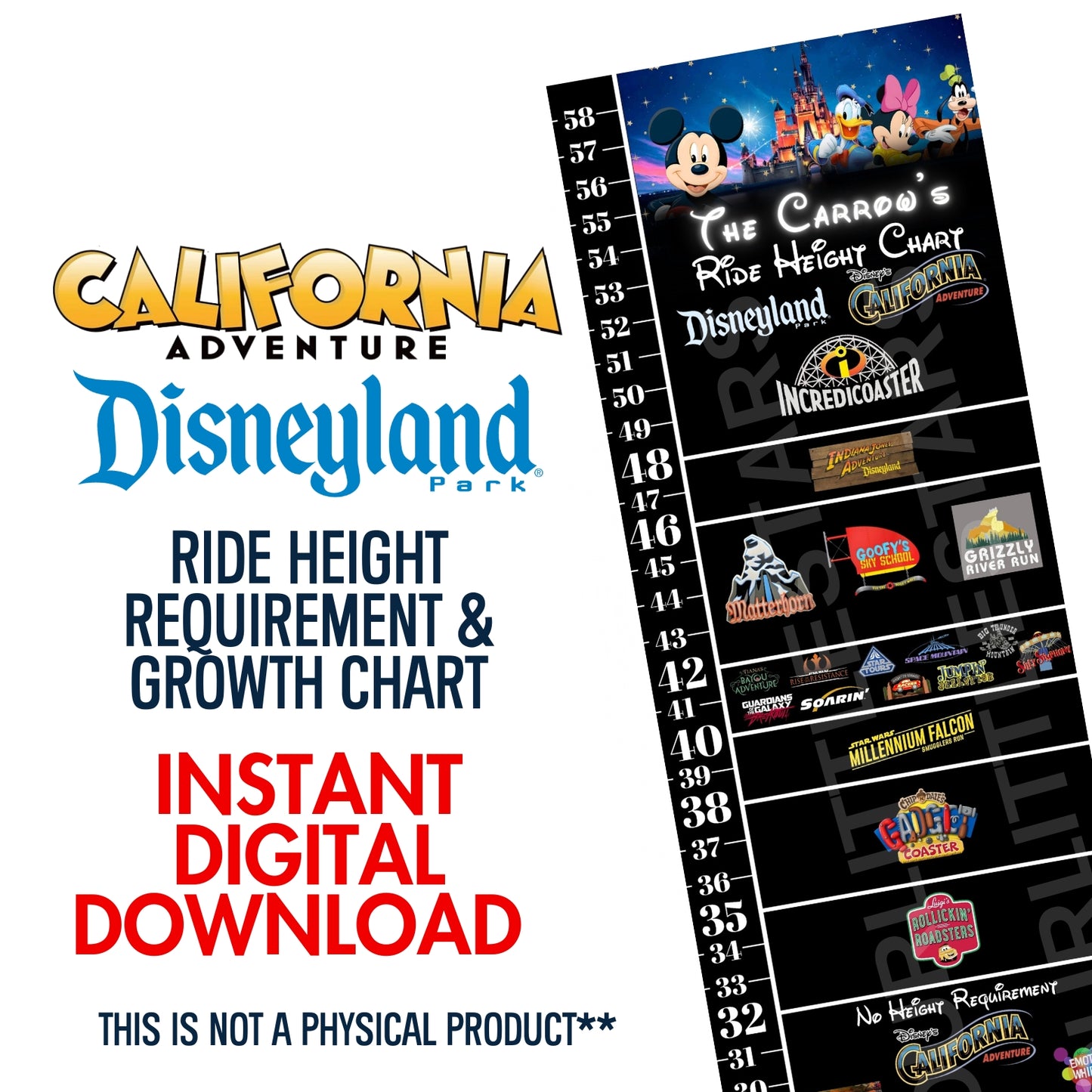 Instant Download DisneyLand Ride Height and Growth Chart- Digital File Only