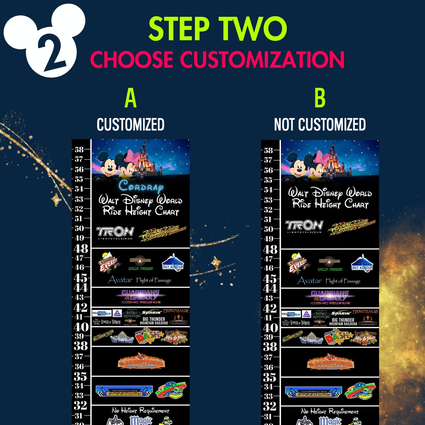 Two Disney ride height charts with customization options on a dark blue background