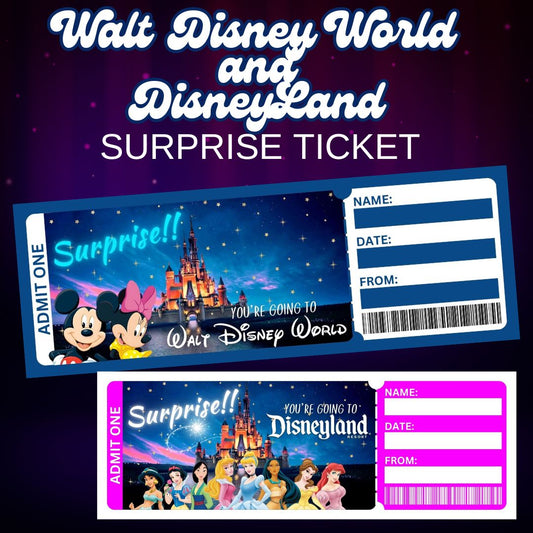 Custom Disney World and Disneyland surprise tickets featuring vibrant designs. Perfect for trip reveals or magical gifts, these tickets can be personalized with the recipient's name, date, and sender's details. A fun and memorable keepsake for Disney fans.