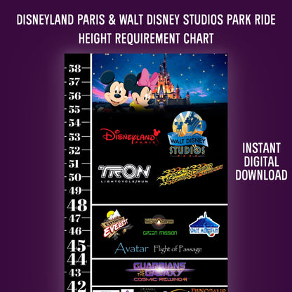 Disneyland Paris & Walt Disney Studios Park Ride Height Requirement Chart - Instant Download