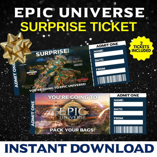 Universal Epic Universe Epic Universe ticket Editable Universal ticket Theme park trip reveal Universal park ticket Epic Universe party Theme park ticket JPEG Customizable Universal gift Epic Universe surprise, Printable theme park ticket