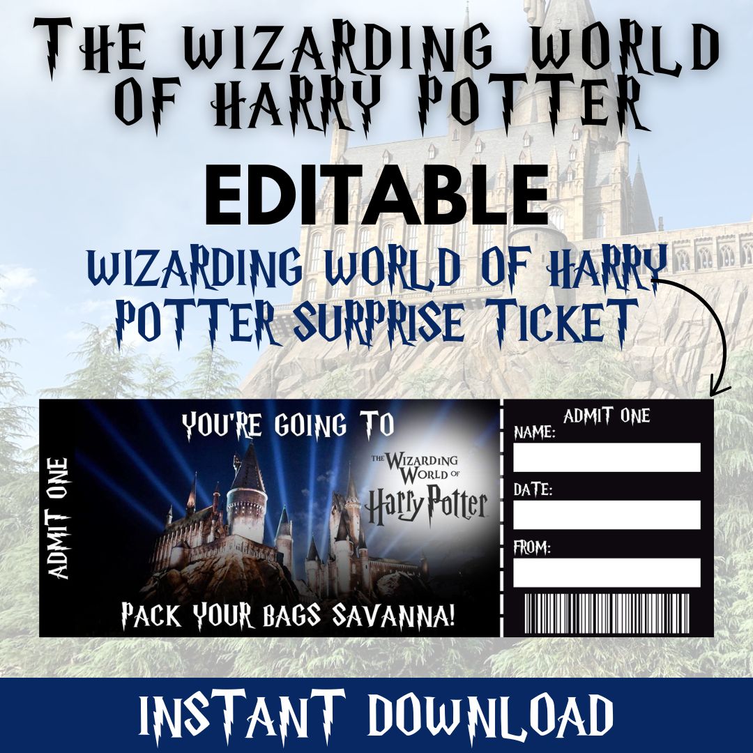 Wizarding World tickets, Harry Potter ticket template, Editable Wizarding gift, Wizarding trip reveal, Custom Harry Potter ticket, Wizarding World PDF, Customizable tickets, Printable Harry Potter ticket, Harry Potter gift idea