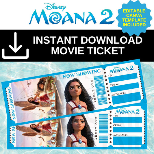 Moana 2 tickets, Editable movie tickets, Printable Moana ticket, Moana trip reveal, Moana 2 Canva template, Customizable movie night, Moana gift idea, Moana keepsake, Instant download tickets, Moana PDF ticket, Moana JPEG ticket, Movie trip surprise