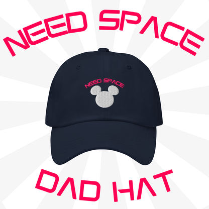 Need Space embroidered hat celebrating Space Mountain's 50th Anniversary, featuring a Mickey Mouse silhouette against a starry space background on a navy dad hat.