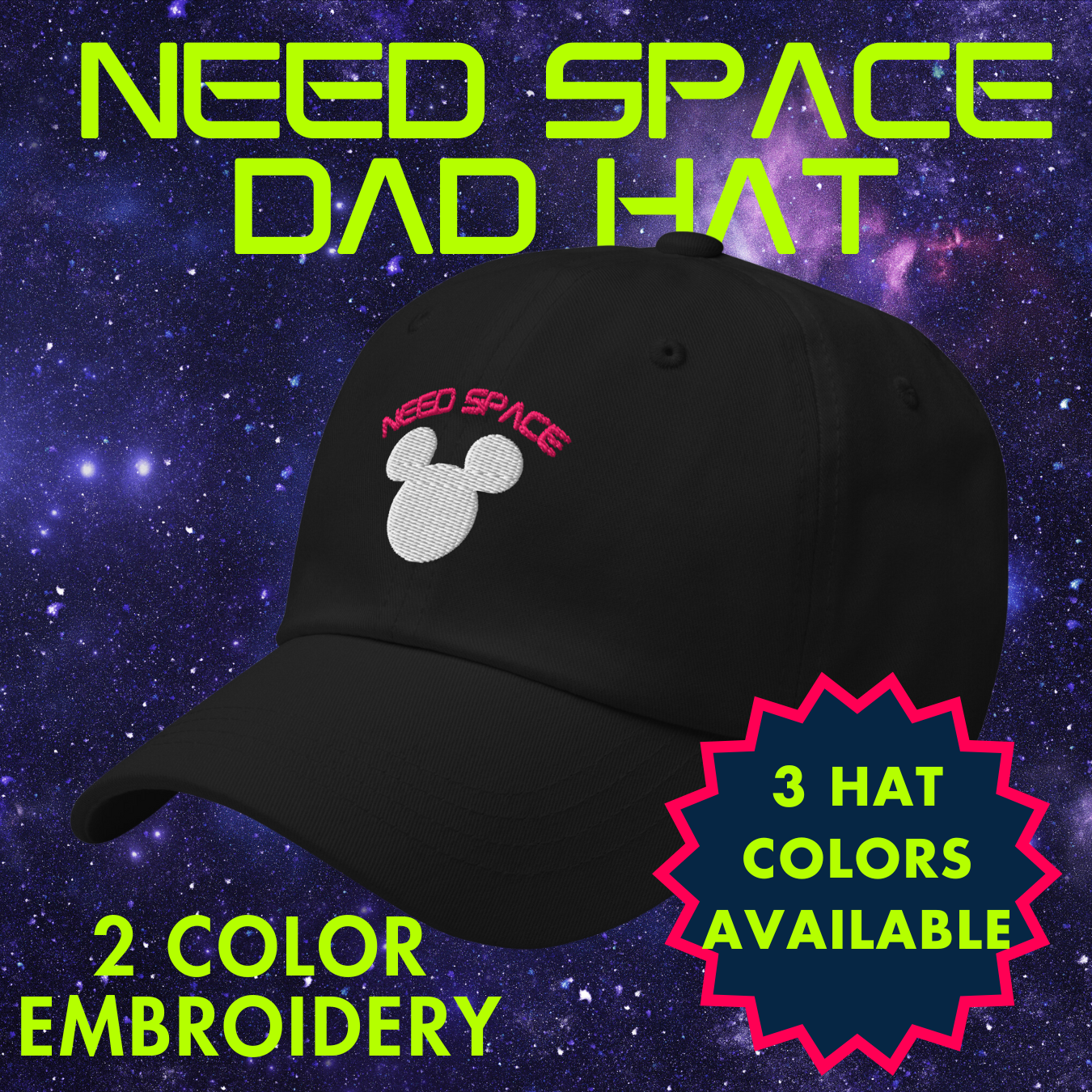 Need Space embroidered hat celebrating Space Mountain's 50th Anniversary, featuring a Mickey Mouse silhouette against a starry space background on a black cap.