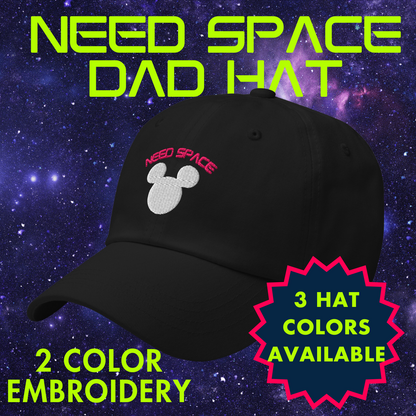 Need Space embroidered hat celebrating Space Mountain's 50th Anniversary, featuring a Mickey Mouse silhouette against a starry space background on a black cap.