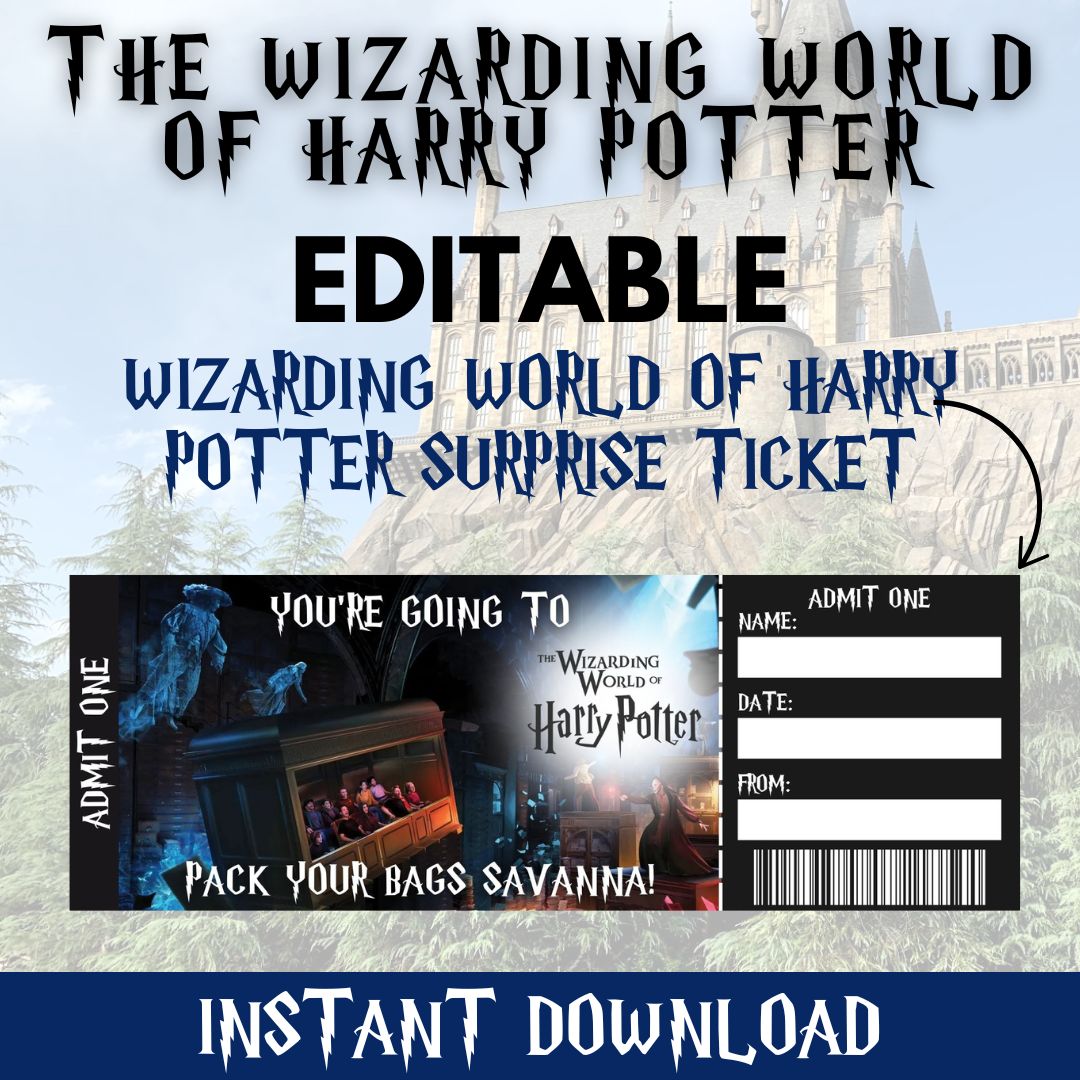 Wizarding World tickets, Harry Potter ticket template, Editable Wizarding gift, Wizarding trip reveal, Custom Harry Potter ticket, Wizarding World PDF, Customizable tickets, Printable Harry Potter ticket, Harry Potter gift idea