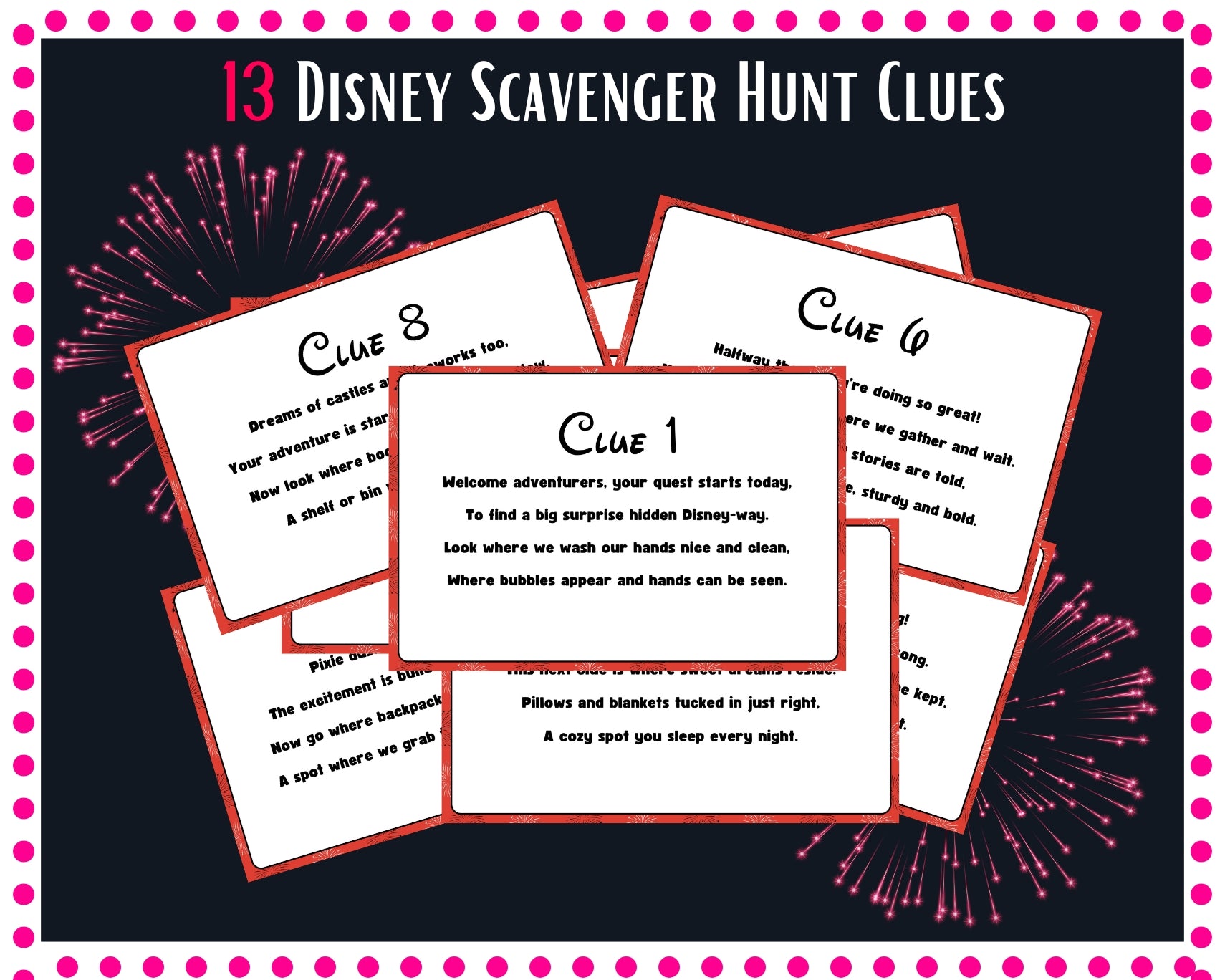 Disney Scavenger Hunt Clues with text on cards against a dark background with pink polka dots.