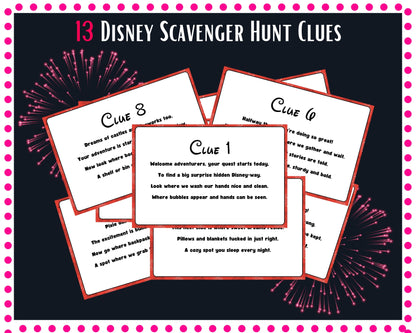 Disney Scavenger Hunt Clues with text on cards against a dark background with pink polka dots.
