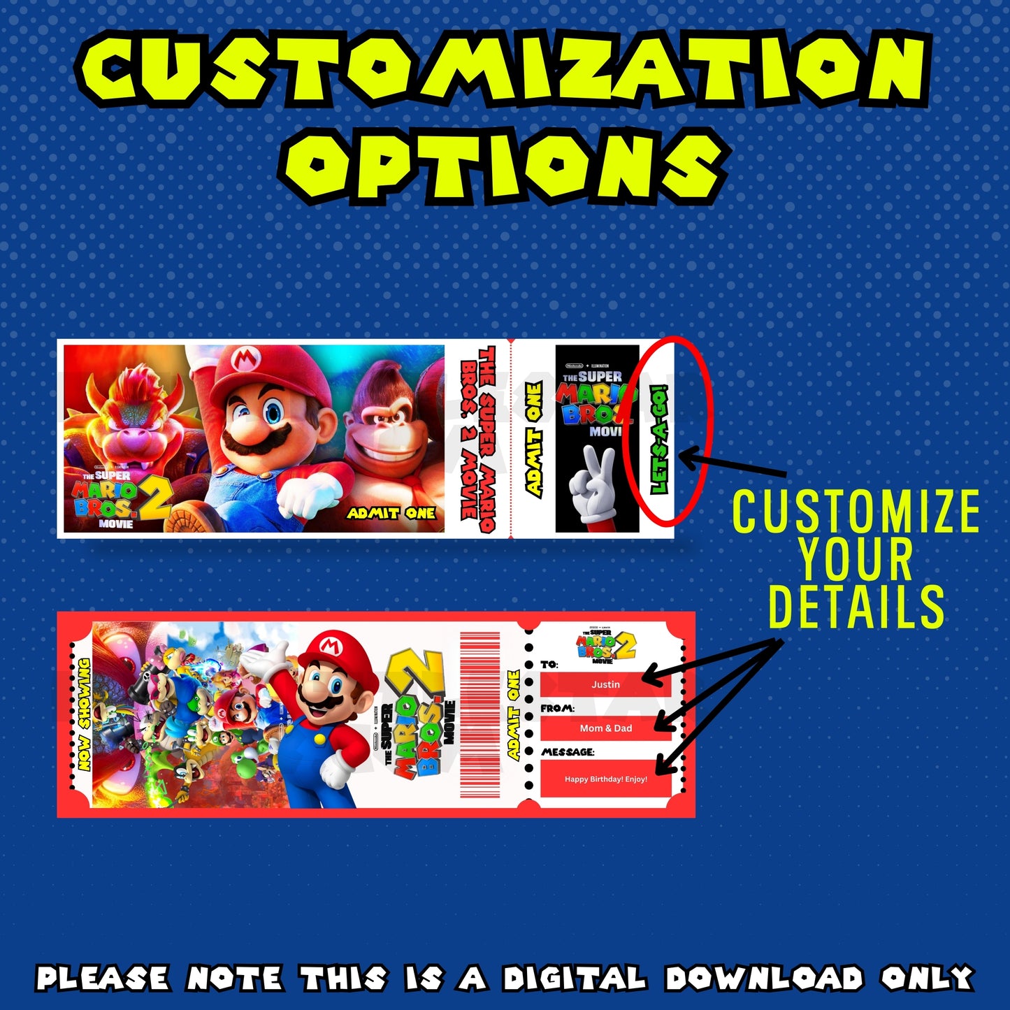 super mario bros 2 movie ticket, super mario movie ticket printable, mario movie night invitation, super mario birthday invitation template, mario movie night surprise, printable movie ticket template, editable canva ticket template, super mario party invitation, kids movie night ticket, digital movie ticket download, mario themed birthday invite, movie night surprise for kids, super mario invitation printable, editable movie ticket template, video game birthday invitation, super mario party printable, inst