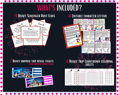 disney world trip reveal, disney vacation surprise, disney scavenger hunt, disney trip reveal bundle, disney printable bundle, disney world surprise tickets, disney character letters, letters from mickey, mickey scavenger hunt, disney trip countdown, disney countdown coloring pages, disney princess trip reveal, mickey and friends printable, disney family vacation reveal, disney gift for kids, disney vacation countdown, disney trip announcement, disney world printable, disney reveal for kids, disney themed s