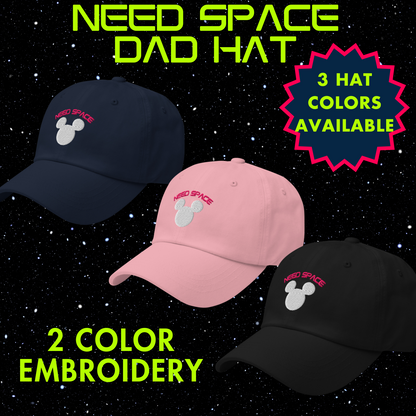 Need Space embroidered hat celebrating Space Mountain's 50th Anniversary, featuring a Mickey Mouse silhouette against a starry space background on a black cap.