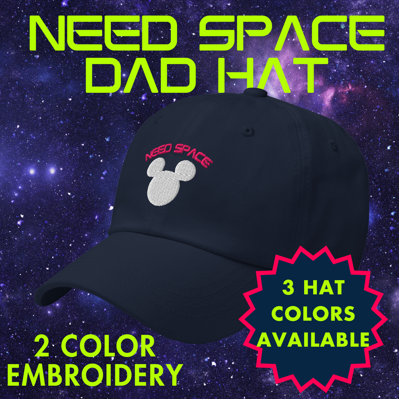 Need Space embroidered hat celebrating Space Mountain's 50th Anniversary, featuring a Mickey Mouse silhouette against a starry space background on a blue cap.