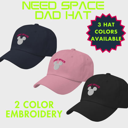 Need Space embroidered hat celebrating Space Mountain's 50th Anniversary, featuring a Mickey Mouse silhouette against a starry space background on a black cap.