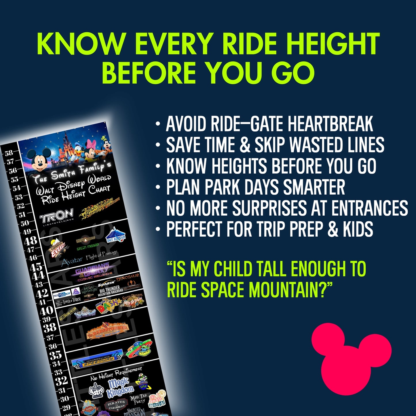Disney height chart with text advising on ride safety and planning