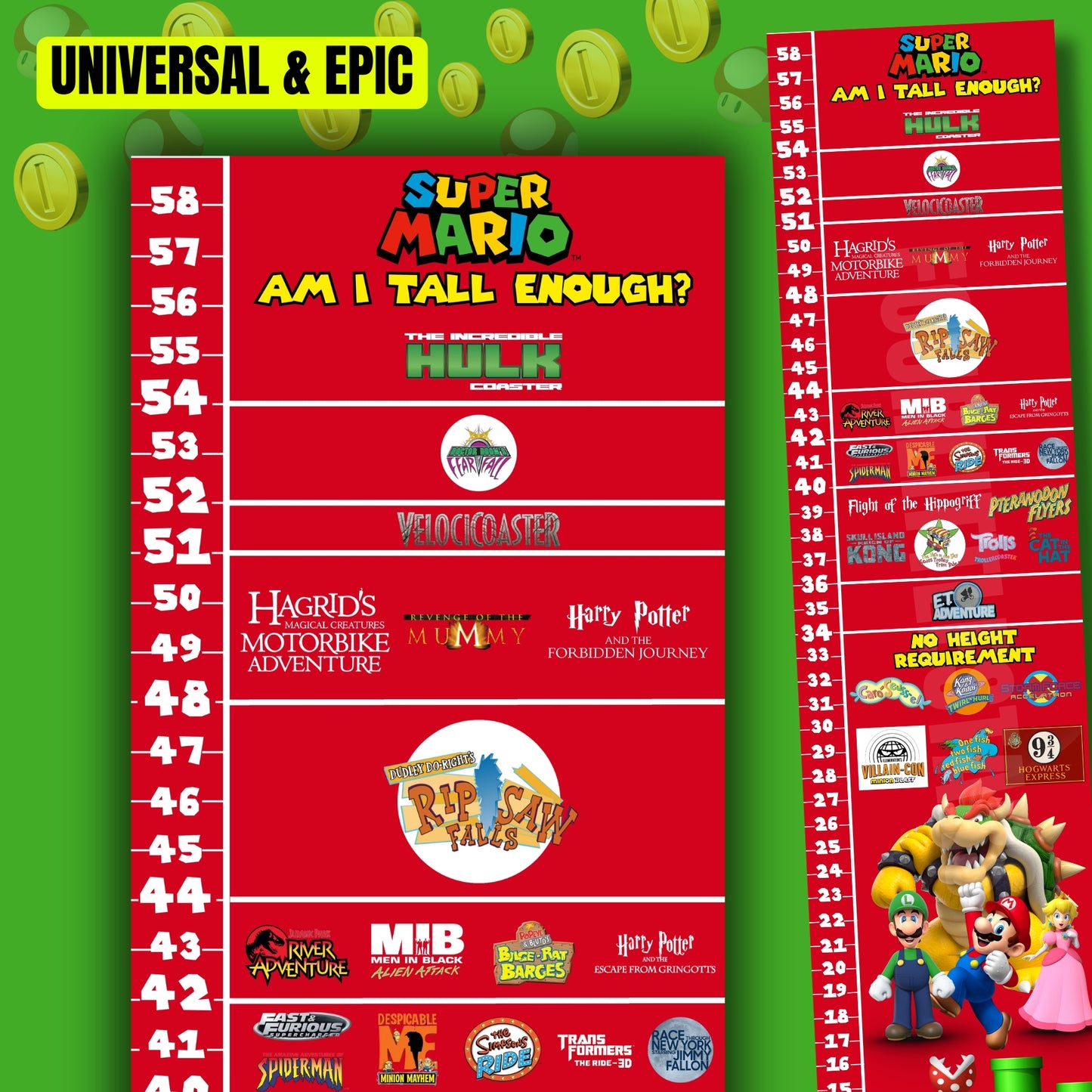 Super Mario Bros Universal & Epic Universe Ride Height Requirements Chart