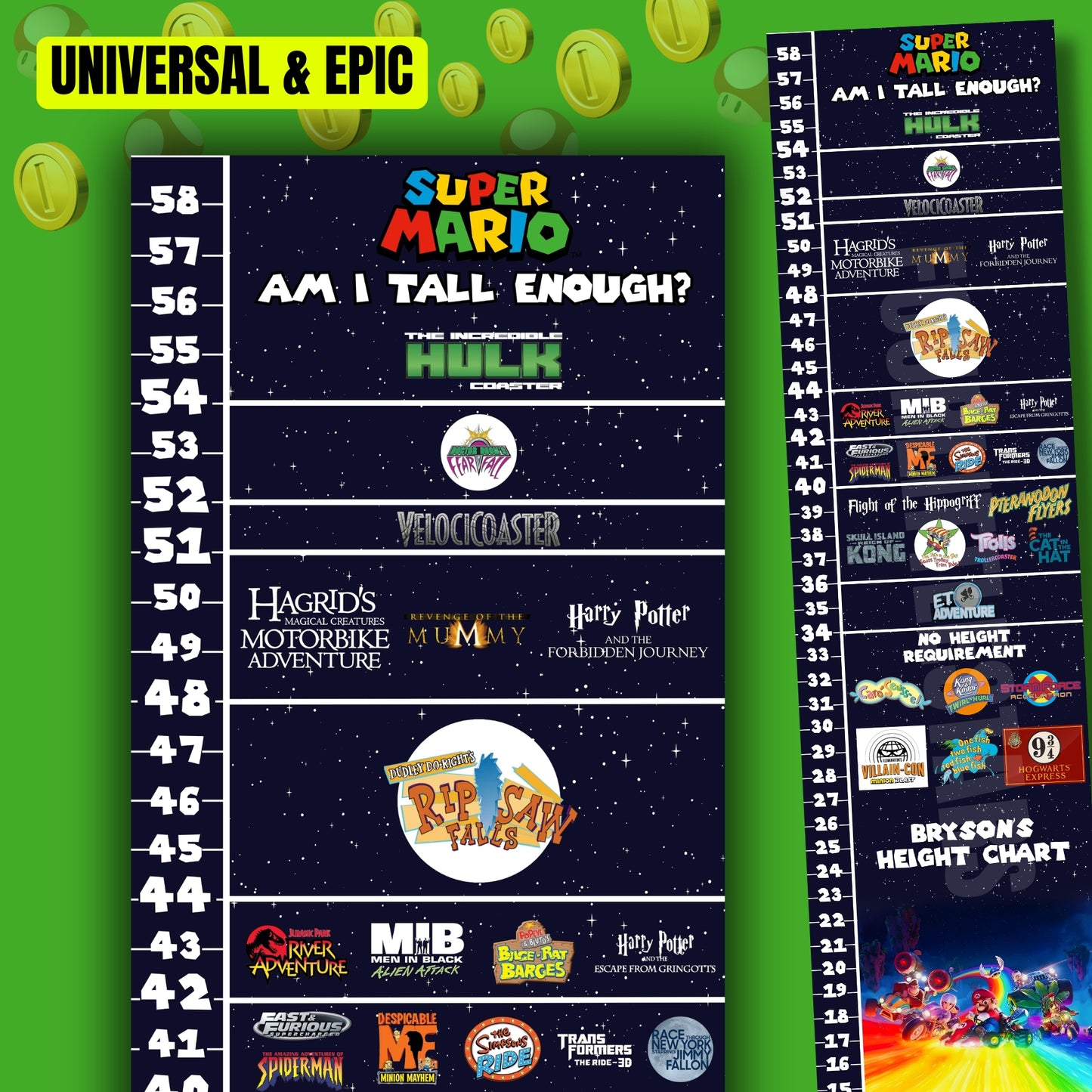 Super Mario Bros Universal & Epic Universe Ride Height Requirements Chart