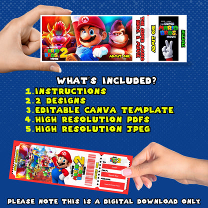 super mario bros 2 movie ticket, super mario movie ticket printable, mario movie night invitation, super mario birthday invitation template, mario movie night surprise, printable movie ticket template, editable canva ticket template, super mario party invitation, kids movie night ticket, digital movie ticket download, mario themed birthday invite, movie night surprise for kids, super mario invitation printable, editable movie ticket template, video game birthday invitation, super mario party printable, inst